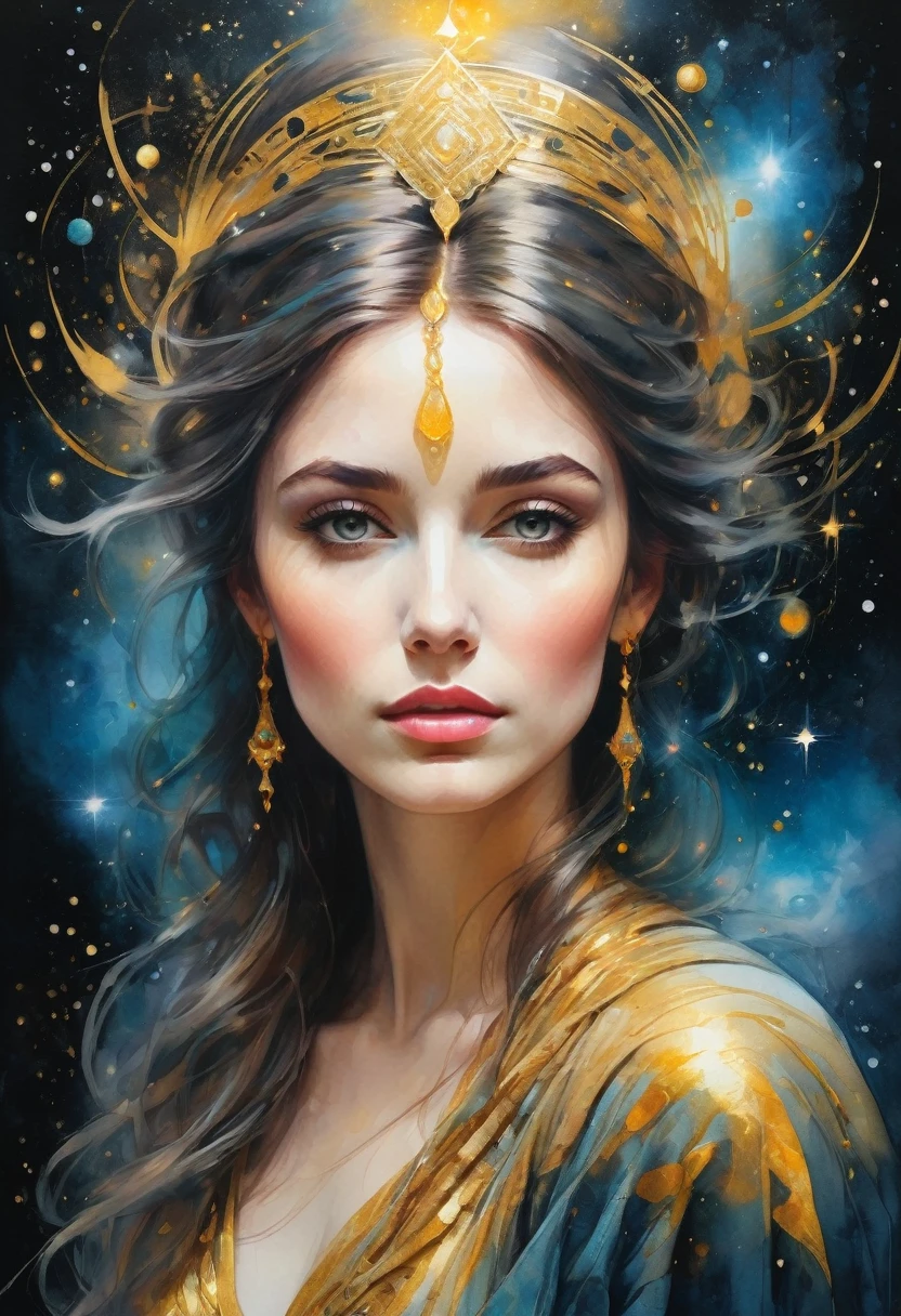 A sparkling celestial wanderer, the galactic time traveler is depicted in vibrant shades of gold and silver, with nebulae swirling around her figure. This breathtaking image is an intricate gouache painting, with intricate details that seem to glow from within. The traveler's ethereal presence is captured beautifully, with intricate patterns adorning her flowing robes and a sense of mystery in her eyes. The overall effect is mesmerizing, inviting viewers to lose themselves in the cosmic beauty of this otherworldly being.