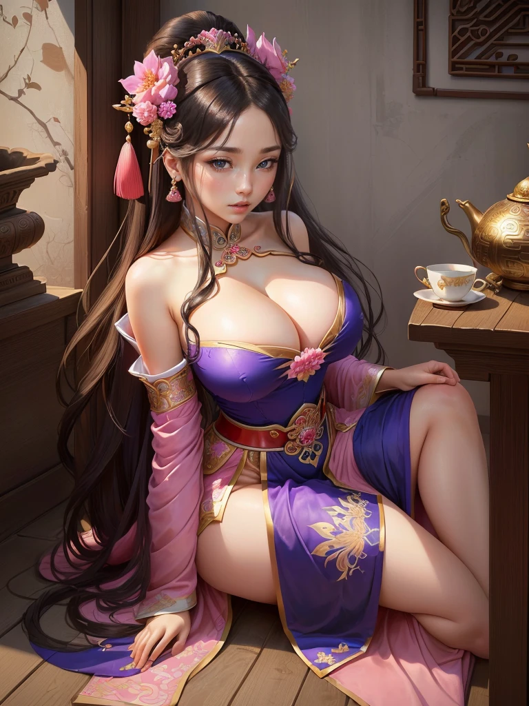 Painting of a woman in a pink and blue dress, Beautiful Fantasy Empress, ancient Chinese Princess, Beautiful character drawings, Chinese Princess, palace, Girl in Han Dress, Princess of an ancient Asian dynasty, Ancient Chinese Beauties, Inspired by Run In, Beautiful and attractive anime woman, Beautiful Fantasy Empress, Beautiful renderings of the Tang Dynasty, Beautiful oriental woman, Empress of China, Highly detailed CG unit 8k wallpaper, masterpiece, High resolution, highest quality, highest quality real texture skin, Super Real, Digital Painting, Best image quality, 最High resolution, 8k, ((Highly detailed eyes and face, Beautiful eyes every detail)), (wariza, seiza, from front, girl sitting, sit on the floor), huge breasts, gigantic breasts, disproportionate breasts, huge breasts, gigantic breasts, open your mouth, erect nipple,