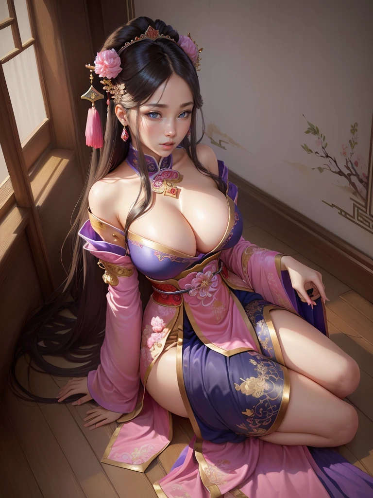 Painting of a woman in a pink and blue dress, Beautiful Fantasy Empress, ancient Chinese Princess, Beautiful character drawings, Chinese Princess, palace, Girl in Han Dress, Princess of an ancient Asian dynasty, Ancient Chinese Beauties, Inspired by Run In, Beautiful and attractive anime woman, Beautiful Fantasy Empress, Beautiful renderings of the Tang Dynasty, Beautiful oriental woman, Empress of China, Highly detailed CG unit 8k wallpaper, masterpiece, High resolution, highest quality, highest quality real texture skin, Super Real, Digital Painting, Best image quality, 最High resolution, 8k, ((Highly detailed eyes and face, Beautiful eyes every detail)), (wariza, seiza, from front, girl sitting, sit on the floor), huge breasts, gigantic breasts, disproportionate breasts, huge breasts, gigantic breasts, open your mouth, erect nipple, 