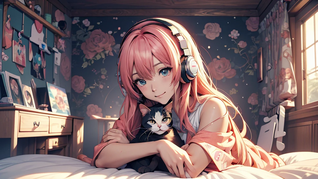 Woman wearing headphones, Anime Style 4 k, anime wallpaper 4k, anime wallpaper 4k, 4k anime wallpaper, anime art wallpaper 4k, anime art wallpaper 4k, Anime Style. 8k, Anime atmosphere, , Ultra HD Anime Wallpaper, Anime Art Wallpaper 8K, Anime Background,landscape、room、Cat