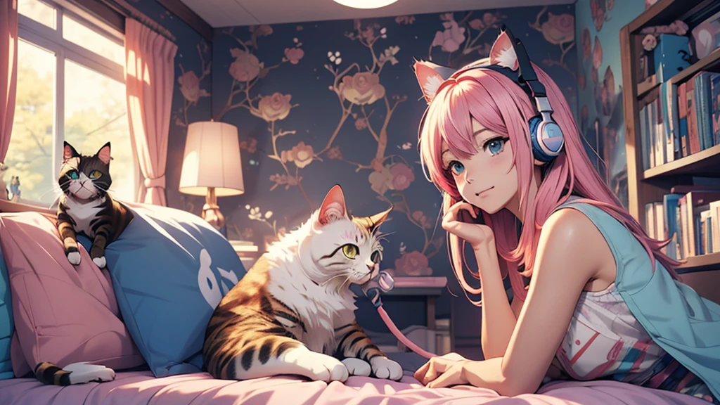 Woman wearing headphones, Anime Style 4 k, anime wallpaper 4k, anime wallpaper 4k, 4k anime wallpaper, anime art wallpaper 4k, anime art wallpaper 4k, Anime Style. 8k, Anime atmosphere, , Ultra HD Anime Wallpaper, Anime Art Wallpaper 8K, Anime Background,landscape、room、Cat