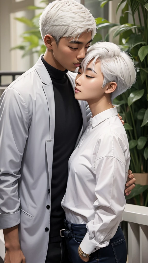 Asian couple, short girl with white hair and tall dark-skinned boy kissing 