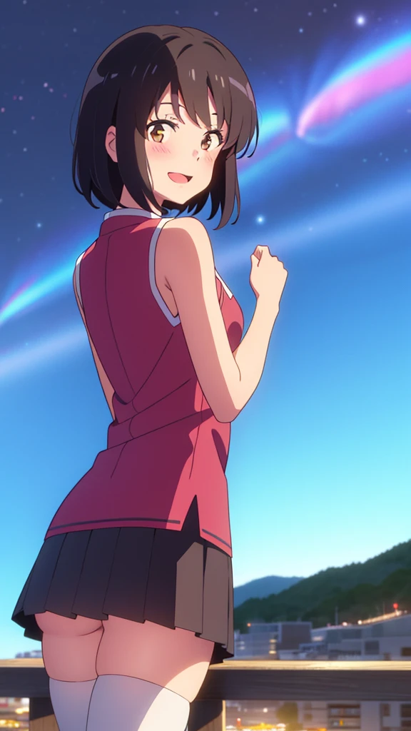 shinkai makoto, kimi no na wa., 1girl, bangs, black hair, blush, brown eyes, looking at the viewer, sleeveless dress, skirt, red headband, short hair, solo, outdoors, scenery, night sky, shinny skin, smile, open mouth, cute, thighhighs, (masterpiece), best quality