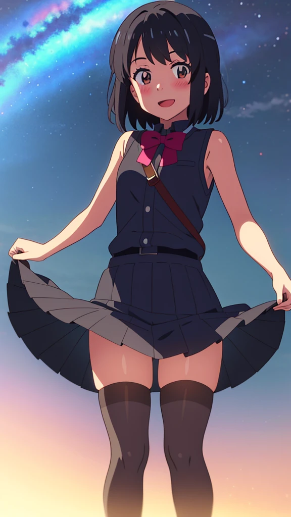 shinkai makoto, kimi no na wa., 1girl, bangs, black hair, blush, brown eyes, looking at the viewer, sleeveless dress, skirt, red headband, short hair, solo, outdoors, scenery, night sky, shinny skin, smile, open mouth, cute, thighhighs, (masterpiece), best quality