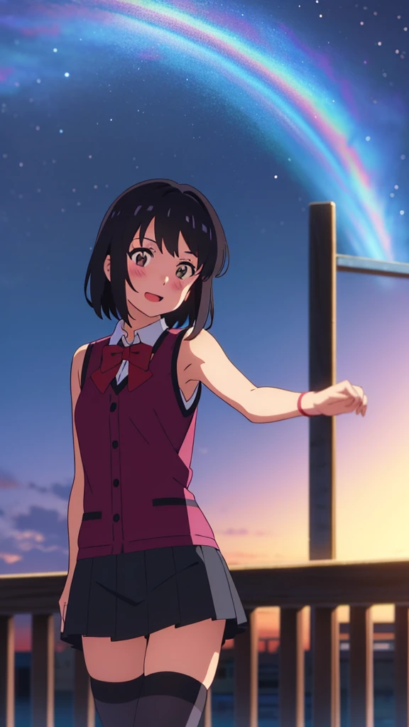 shinkai makoto, kimi no na wa., 1girl, bangs, black hair, blush, brown eyes, looking at the viewer, sleeveless dress, skirt, red headband, short hair, solo, outdoors, scenery, night sky, shinny skin, smile, open mouth, cute, thighhighs, (masterpiece), best quality