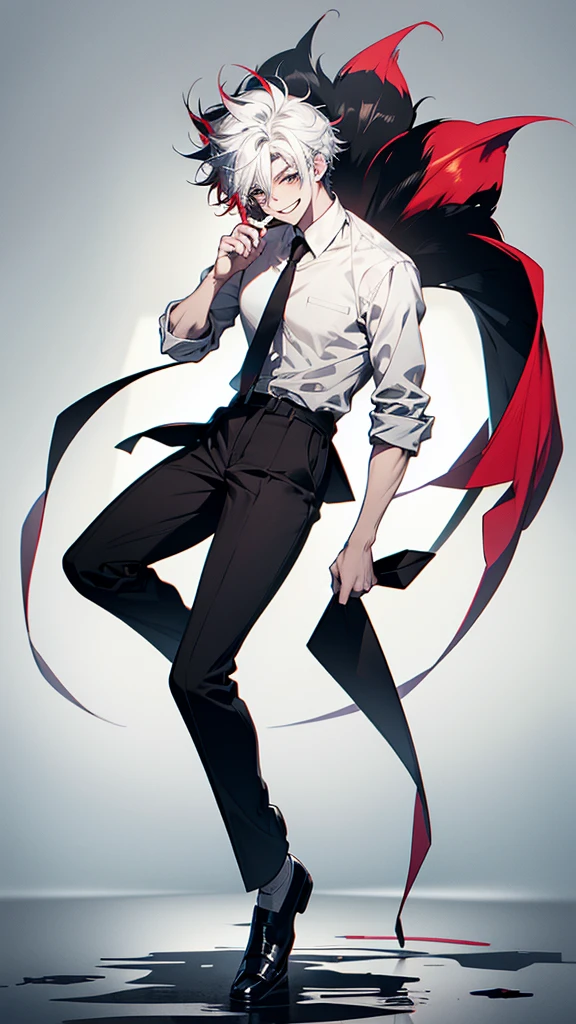 solo、male、White shirt、Straight face、Messy Hair、Short Hair、Long bangulticolored Hair、Black and white hair、Two-tone hair、laughing、smile、(Full Body Shot:1.2)、