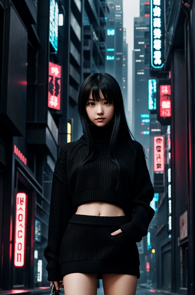 anime girl, the girl is wearing a black sweater, in a cyberpunk landscape, the girl has a knife in her hand