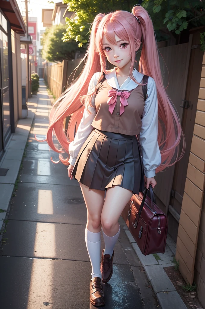 ((best quality, ultra-detailed, high resolution, extremely detailed CG, super detailed, dynamic lighting)), 1 girl, beautiful girl, cute girl and idol face, young face, smile, Beautiful long pink hair, twintails, Beautiful shining red eyes, white skin, slender, Short body, Japanese High School Girls' Uniforms, Schools, schoolyards, and commuting, school bag, after the rain, shine , rainbow, full body,