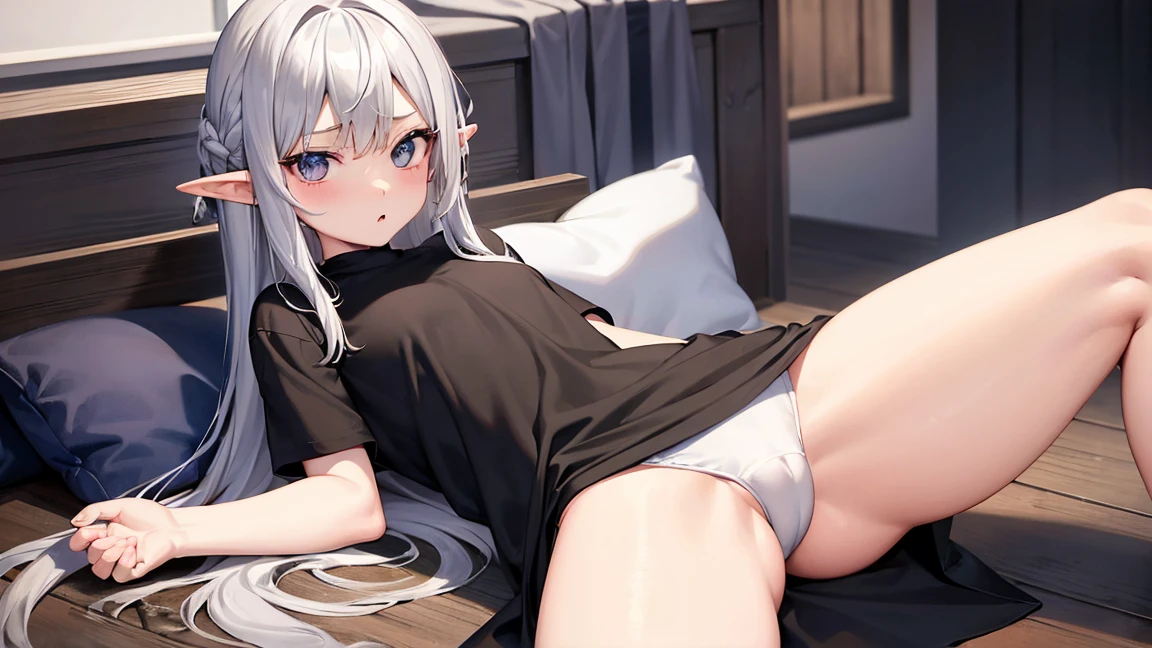 Elf Girl、8-year-old、Medium-long silver hair、Silver Eyes、Big black t-shirt、No bottoms worn、No underwear、Seductive expression、Open legs and crotch visible、Masturbating