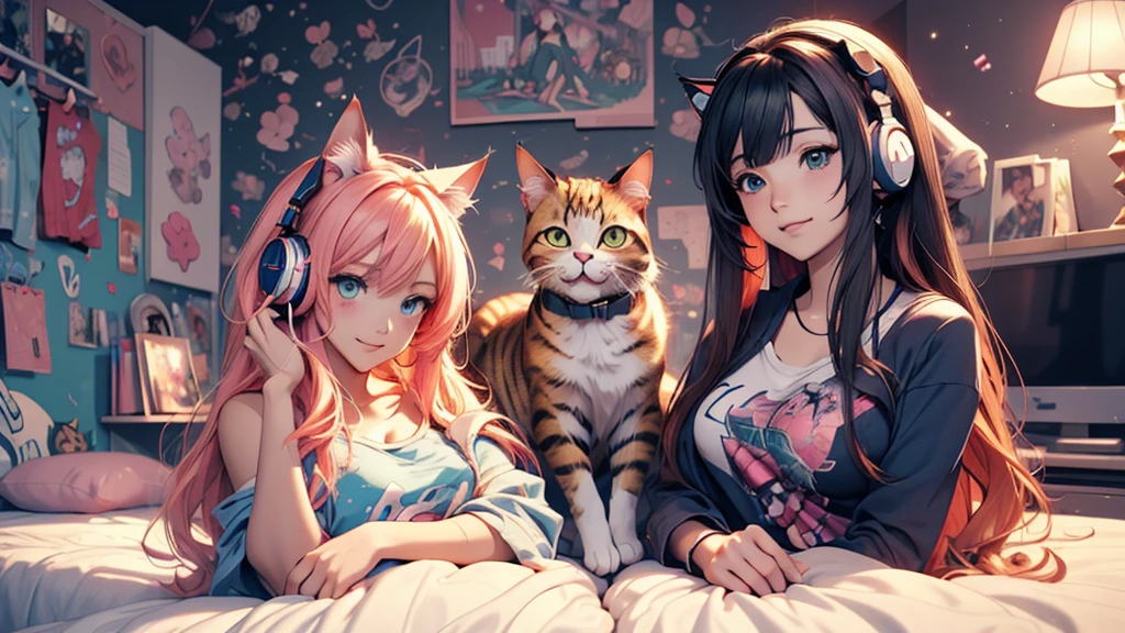 Woman wearing headphones, Anime Style 4 k, anime wallpaper 4k, anime wallpaper 4k, 4k anime wallpaper, anime art wallpaper 4k, anime art wallpaper 4k, Anime Style. 8k, Anime atmosphere, , Ultra HD Anime Wallpaper, Anime Art Wallpaper 8K, Anime Background,landscape、room、Cat、Catがいる