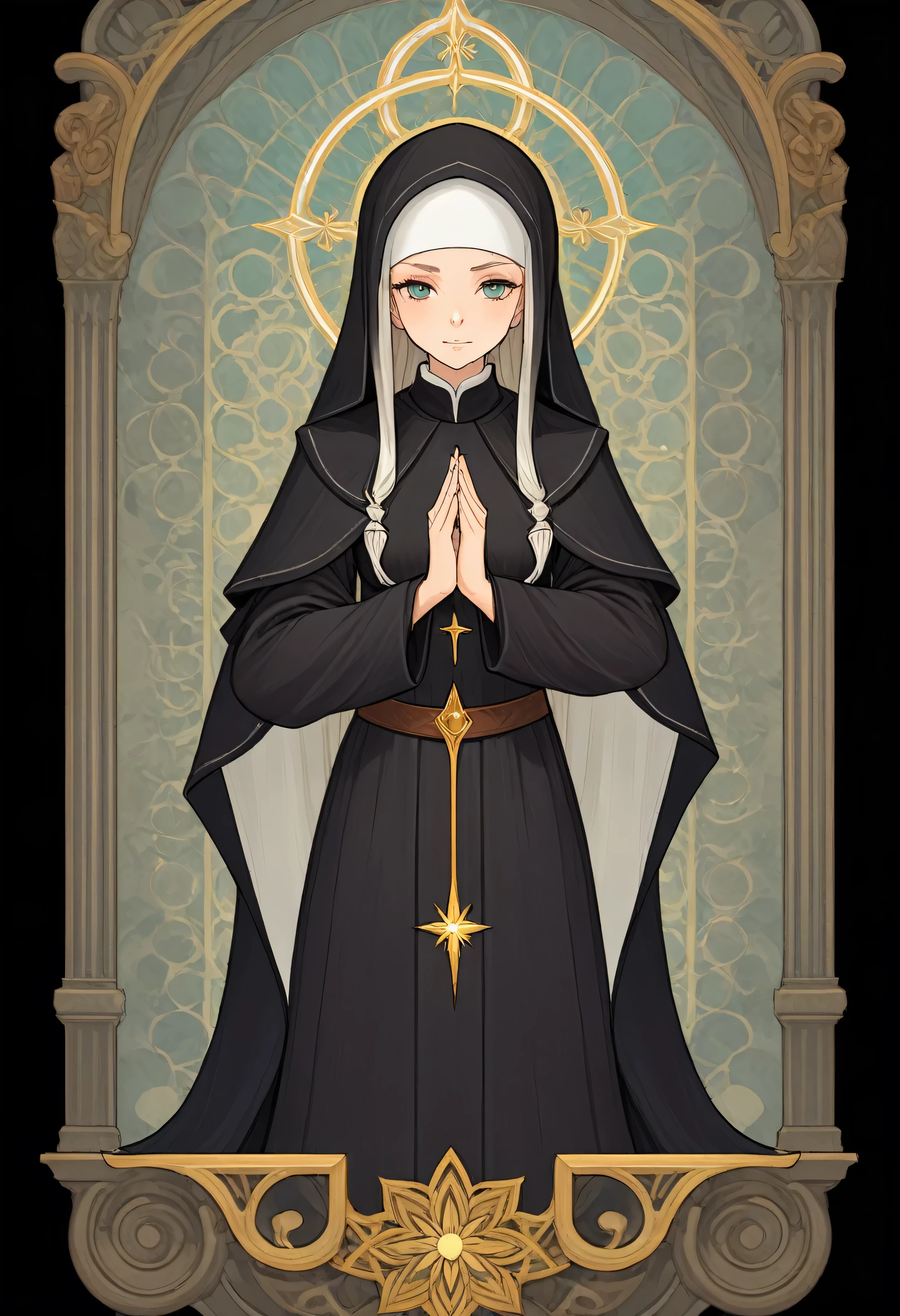 Full body portrait of 1 girl, The nun prays, nuns clothing, standing on your feet, (((solo))), Clear facial features, Simple line design, ((tarot card background, symmetric beauty)), perfectly symmetrical, The art of symmetry, Standing drawings of characters, ((flatcolors)), tmasterpiece,top Quority,best qualtiy,Ultra-high resolution, ((Clear facial features,beautidful eyes,beauitful face, Exquisite facial features))