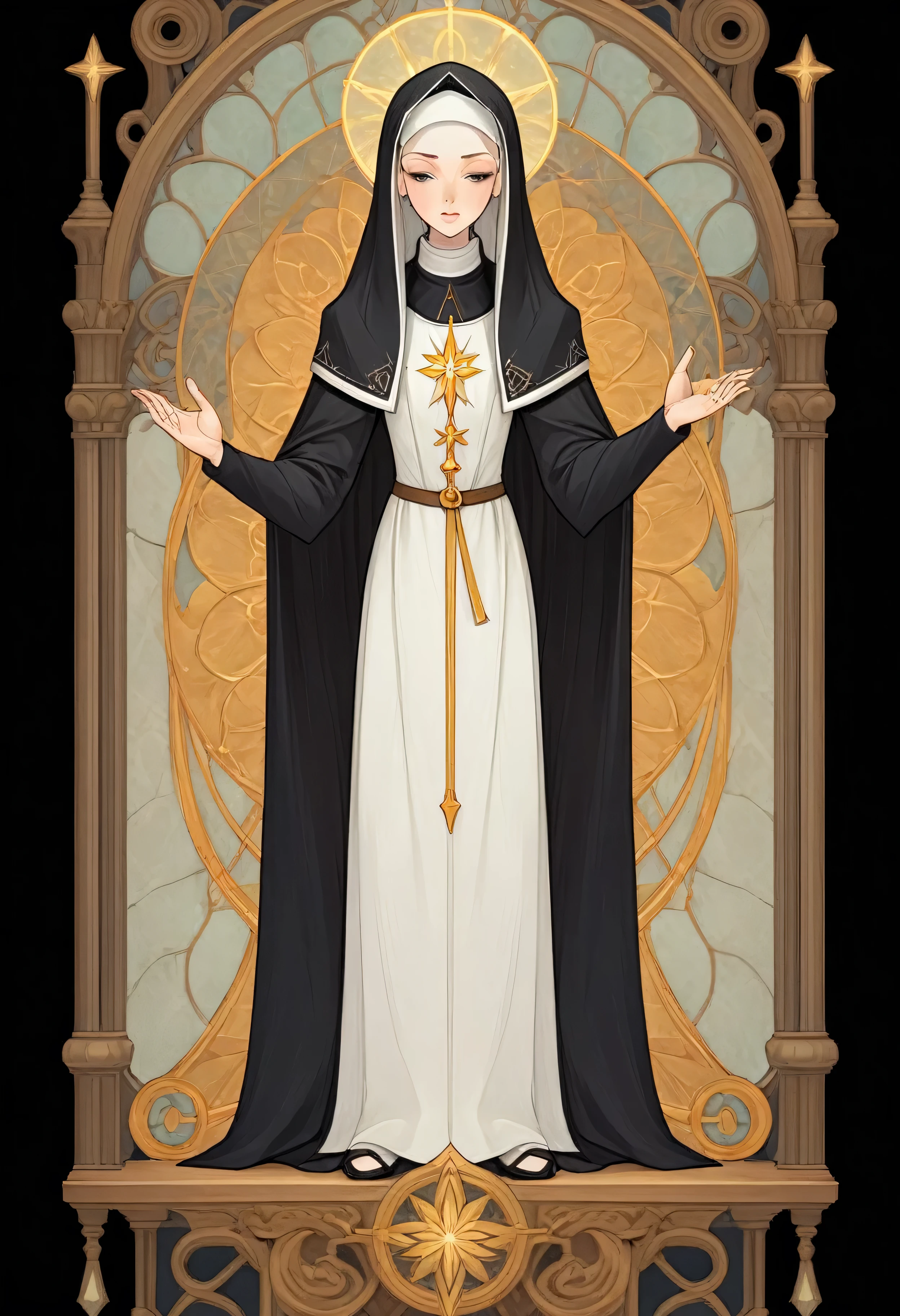 Full body portrait of 1 girl, The nun prays, nuns clothing, standing on your feet, (((solo))), Clear facial features, Simple line design, ((tarot card background, symmetric beauty)), perfectly symmetrical, The art of symmetry, Standing drawings of characters, ((flatcolors)), tmasterpiece，top Quority，best qualtiy，Ultra-high resolution, ((Clear facial features，beautidful eyes，beauitful face, Exquisite facial features))