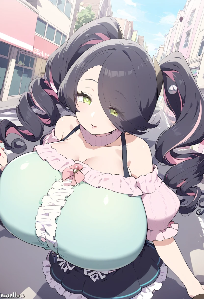 sagging breasts,mature female,huge breasts, gigantic breasts,solo,gyaru,((nagatiti)),eyeshadow,lip,Shiny eyelashes,pink hair,black hair, ((two tone hair)),twin tails,piercing, detailed decorations, ω,half eye,embroidered, Corsets, suspender skirts, ruffle skirts, off-shoulder knits, oversize, buggy clothes, rip knits, puff sleeves, long hair, curly hair,from diagonal,dynamic angle, pov,From above ,(hand focus),(((Pastel colors))), wide-angle,walking around town, bags,