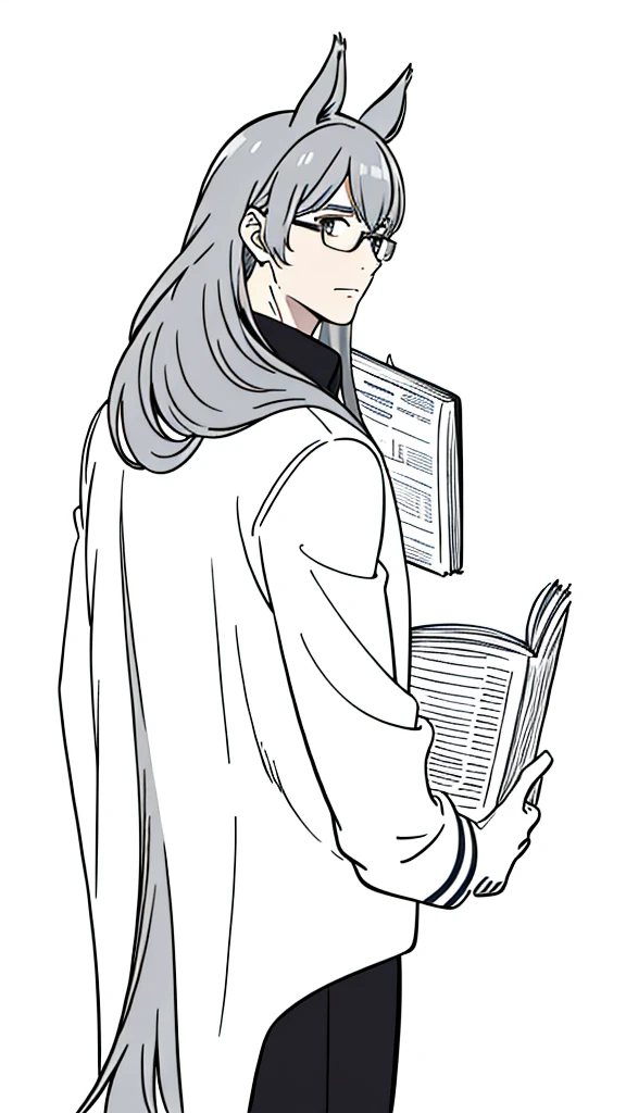 1man,30 years old,solo, long hair,disheveled hair,messy hair,((horse ears)),gray hair, glasses, scientist outfit, white coat, gloves,(from back),(white background,line drawing), reading a book