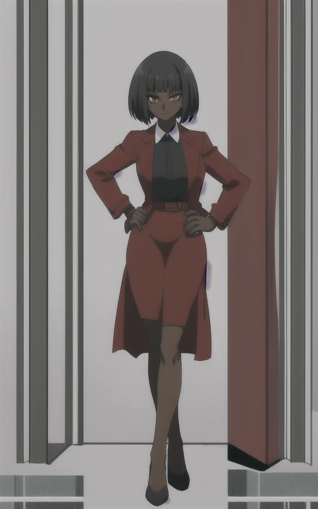 Tall adult Dark skinned business women in a red blazer skirt suit with a blouse underneath with short black hair ceo full body without more then one person
