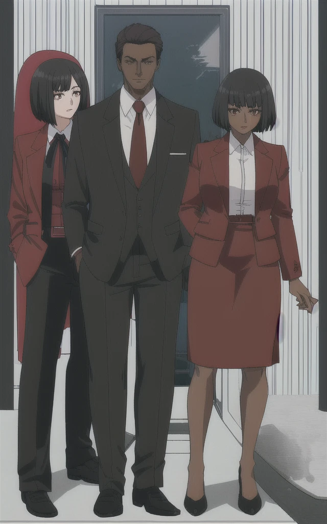 Tall adult Dark skinned business women in a red blazer skirt suit with a blouse underneath with short black hair  ceo  full body without more then one person 