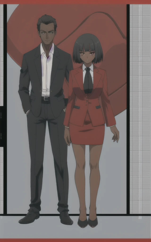 Tall adult Dark skinned business women in a red blazer skirt suit with a blouse underneath with short black hair  ceo  full body without more then one person 