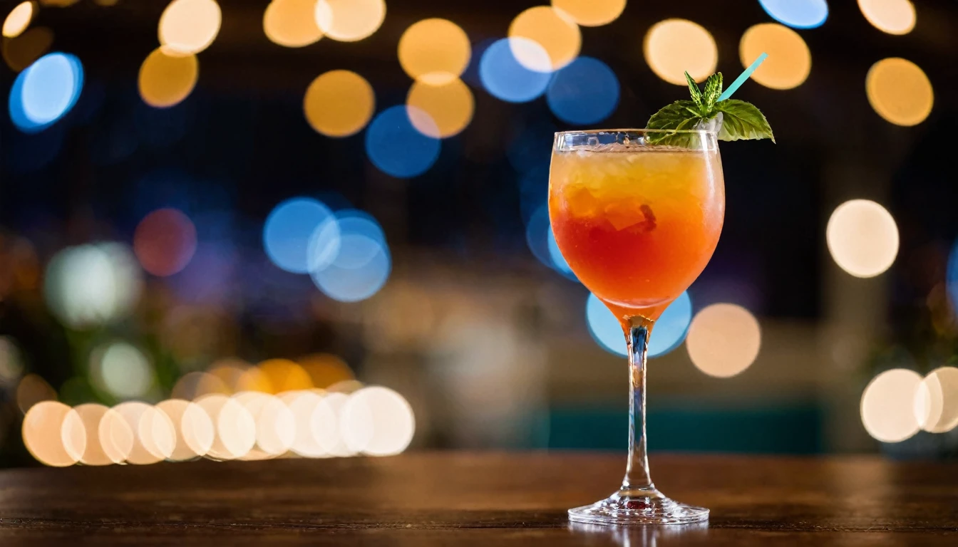a cocktail on a table and bokeh shapes in the background