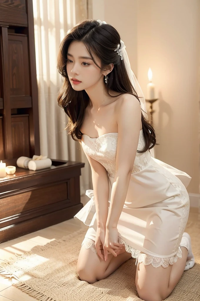 (((best quality))),(((ultra detailed))),(((masterpiece))),illustration,(1 beautiful girl,bride,solo),((slim,thin)),((small breasts,flat chest)),(shoulder length straight hair:1.2),(strapless see through white lace wedding dress:1.3),dim pink lighting,massage parlor,patiently waiting,tool box,soft ambient lighting,refreshing contrast,sultry summer night,air conditioning,atmosphere of relaxation,serenity,delicate features,curves,elegance,sophistication,toolbox contents,assortment of implements,oils,lotions,massage tools,background music,soothing ambiance,comfortable massage bed,fresh clean sheets,calming artwork,warm friendly demeanor,sense of calm,compassion,eager anticipation,healing rejuvenating experience,((kneeling on the floor)),((from front,upper body)),(night scene:1.3)
