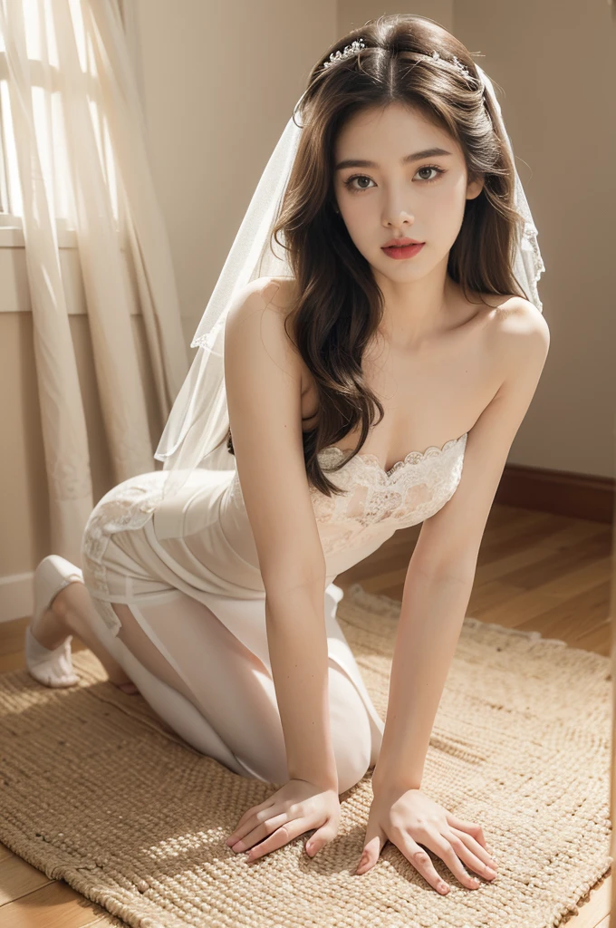 (((best quality))),(((ultra detailed))),(((masterpiece))),illustration,(1 beautiful girl,bride,solo),((slim,thin)),((small breasts,flat chest)),(shoulder length straight hair:1.2),(strapless see through white lace wedding dress:1.3),dim pink lighting,massage parlor,patiently waiting,tool box,soft ambient lighting,refreshing contrast,sultry summer night,air conditioning,atmosphere of relaxation,serenity,delicate features,curves,elegance,sophistication,toolbox contents,assortment of implements,oils,lotions,massage tools,background music,soothing ambiance,comfortable massage bed,fresh clean sheets,calming artwork,warm friendly demeanor,sense of calm,compassion,eager anticipation,healing rejuvenating experience,((kneeling on the floor)),((from front,upper body)),(night scene:1.3)