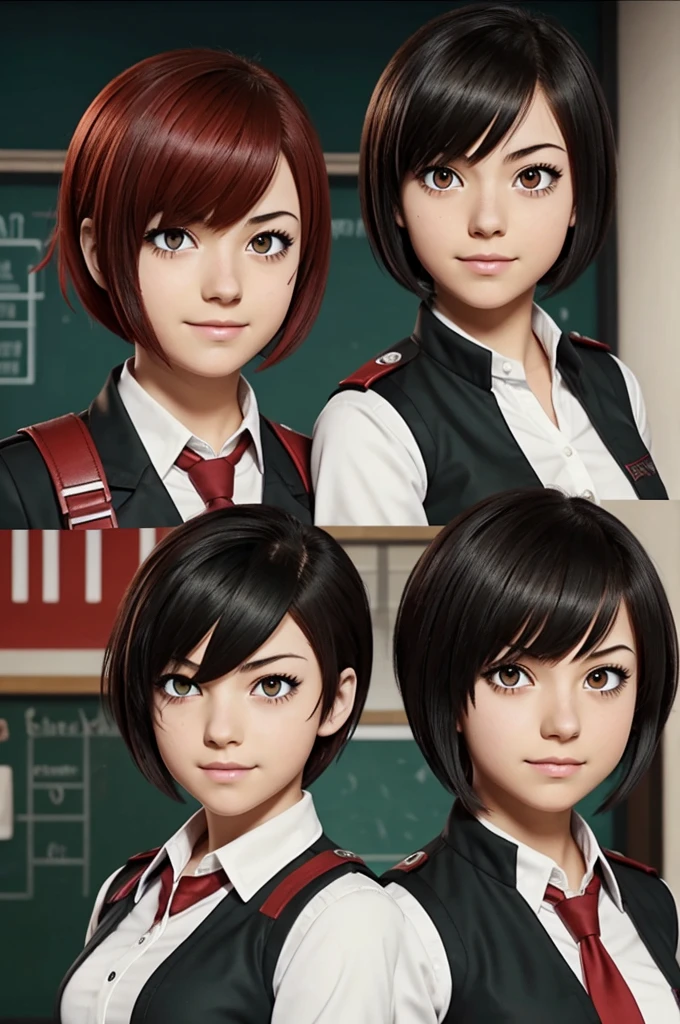 Screenshot of my hero academia, girl with short hair with red and black bangs with one brown eye and the other with an eyepatch and a U uniform.A and school setting