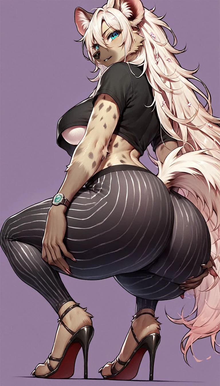 score_9, score_8_up, score_7_up, score_6_up, score_5_up, score_4_up, (solo), female anthro hyena, black shirt underboob, vertical striped yoga pants, lusty, fluffy body, long blond hair, turquoise eyes, (thick thighs:1.5)  she is squatting ,from the back, backsite, from back, (focus on ass), watch your back, biki big ass sexy ass sexy but invitation violet background, simple background, high heels (black clothes) (low angle view)
