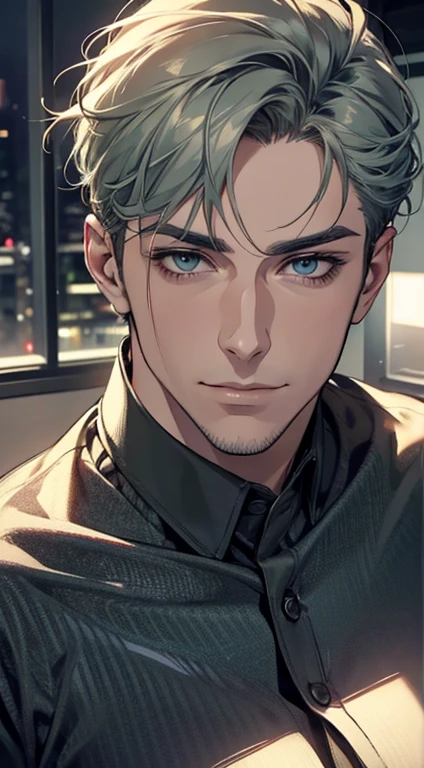 (best quality,4k,8k,highres,masterpiece:1.2),ultra-detailed,(realistic,photorealistic,photo-realistic:1.37),1 man,31 years old,mature man,very handsome,without expression,smile,short grey green hair,blue eyes,penetrating gaze,perfect face without errors,imposing posture,businessman,office background,cinematic lighting,hdr image