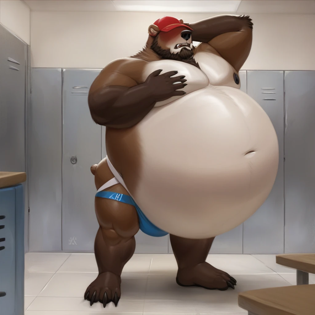 score_9, score_8_up, score_7_up, score_6_up, score_5_up, score_4_up, desolate, detailed background, locker room, anthro bear, male, brown fur color, beard, red cap covering eyes, shirtless, jockstrap, shy, hand behind head, inflating, hyper belly