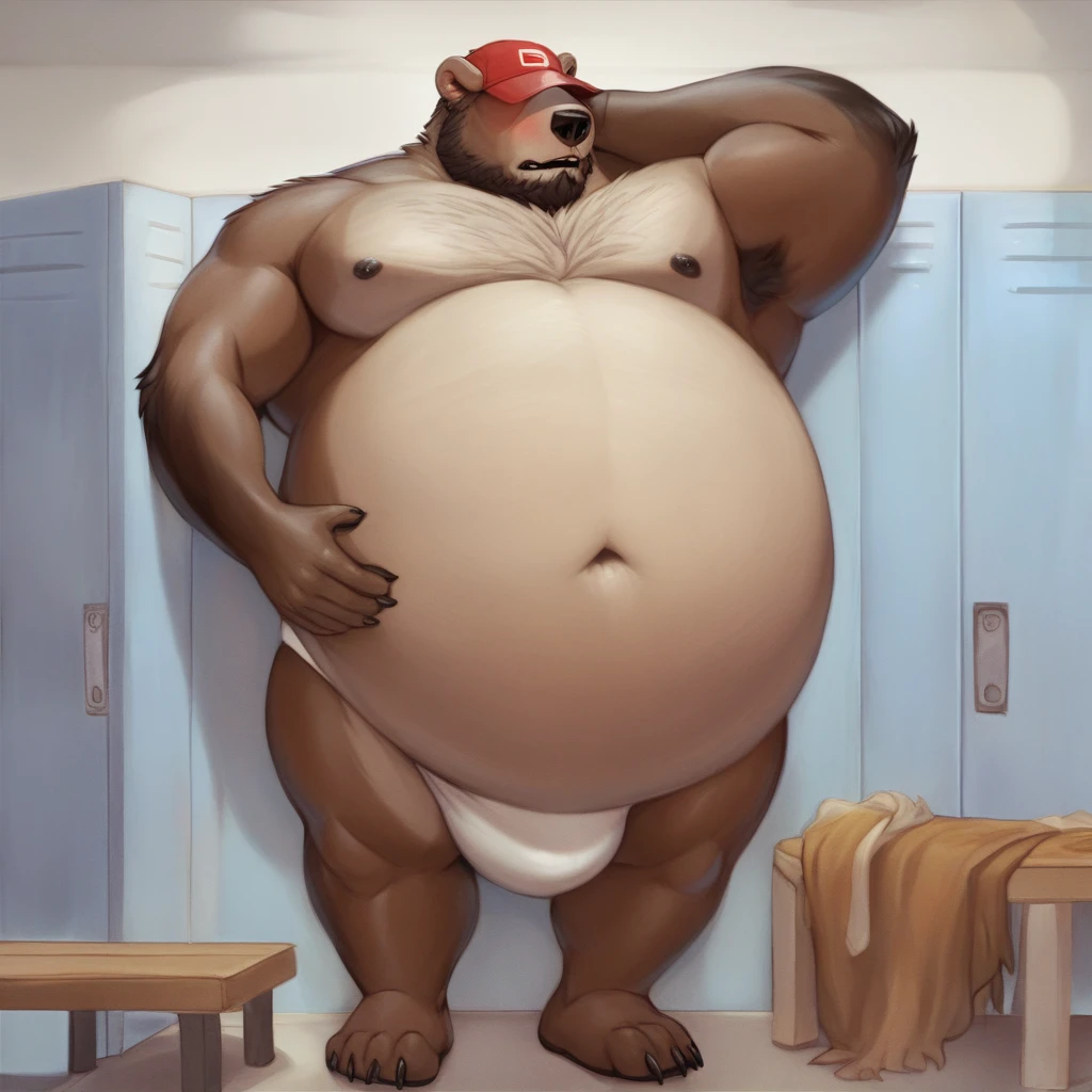 score_9, score_8_up, score_7_up, score_6_up, score_5_up, score_4_up, desolate, detailed background, locker room, anthro bear, male, brown fur color, beard, red cap covering eyes, shirtless, jockstrap, shy, hand behind head, inflating, hyper belly