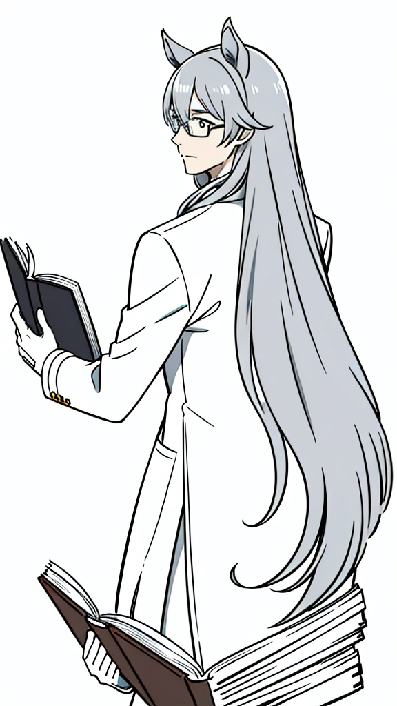 1man,30 years old,solo, long hair,disheveled hair,messy hair,((horse ears)),gray hair, glasses, scientist outfit, white coat, gloves,(from back),(white background,line drawing), reading a book,upper body