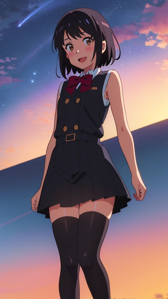 shinkai makoto, kimi no na wa., 1girl, bangs, black hair, blush, brown eyes, looking at the viewer, sleeveless dress, skirt, red headband, short hair, solo, outdoors, scenery, night sky, shinny skin, smile, open mouth, cute, thighhighs, (masterpiece), best quality
