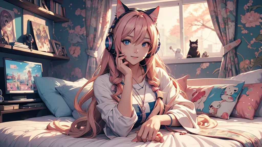 Woman wearing headphones, Anime Style 4 k, anime wallpaper 4k, anime wallpaper 4k, 4k anime wallpaper, anime art wallpaper 4k, anime art wallpaper 4k, Anime Style. 8k, Anime atmosphere, , Ultra HD Anime Wallpaper, Anime Art Wallpaper 8K, Anime Background,landscape、room、I have a cat