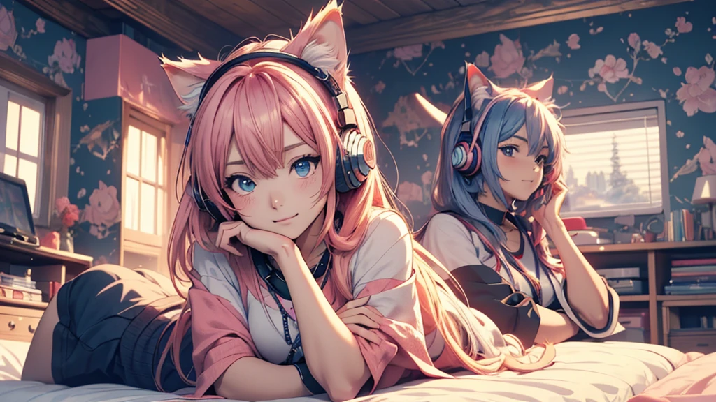 Woman wearing headphones, Anime Style 4 k, anime wallpaper 4k, anime wallpaper 4k, 4k anime wallpaper, anime art wallpaper 4k, anime art wallpaper 4k, Anime Style. 8k, Anime atmosphere, , Ultra HD Anime Wallpaper, Anime Art Wallpaper 8K, Anime Background,landscape、room、I have a cat