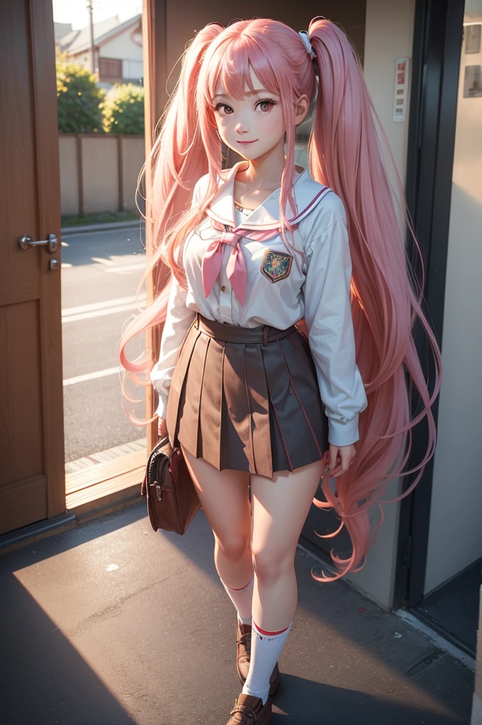 ((best quality, ultra-detailed, high resolution, extremely detailed CG, super detailed, Beautiful lighting)), 1 girl, beautiful girl, cute girl and idol face, young face, smile, Beautiful long pink hair, twintails, Beautiful shining red eyes, white skin, slender, Short body, Japanese High School Girls' Uniforms, Schools, schoolyards, and commuting, school bag, after the rain, shine , rainbow, full body,