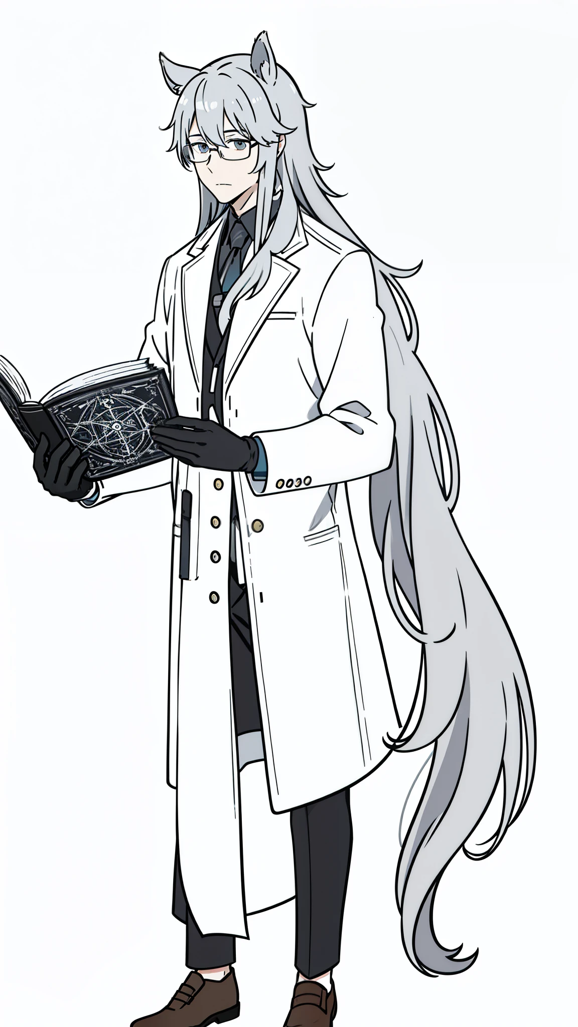 1man,30 years old,solo, long hair,disheveled hair,messy hair,((horse ears)),gray hair, glasses, scientist outfit, white coat, gloves,from back,(white background,line drawing), holding a book