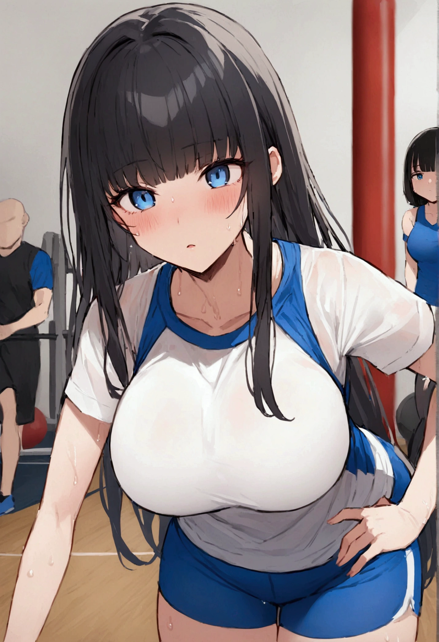 Hime cut with long black hair、Has straight bangs and blue eyes、A girl with big breasts is at the gym。She's wearing workout clothes、I am exercising。The face is sweaty and red。The background shows a gym.。No dialogue