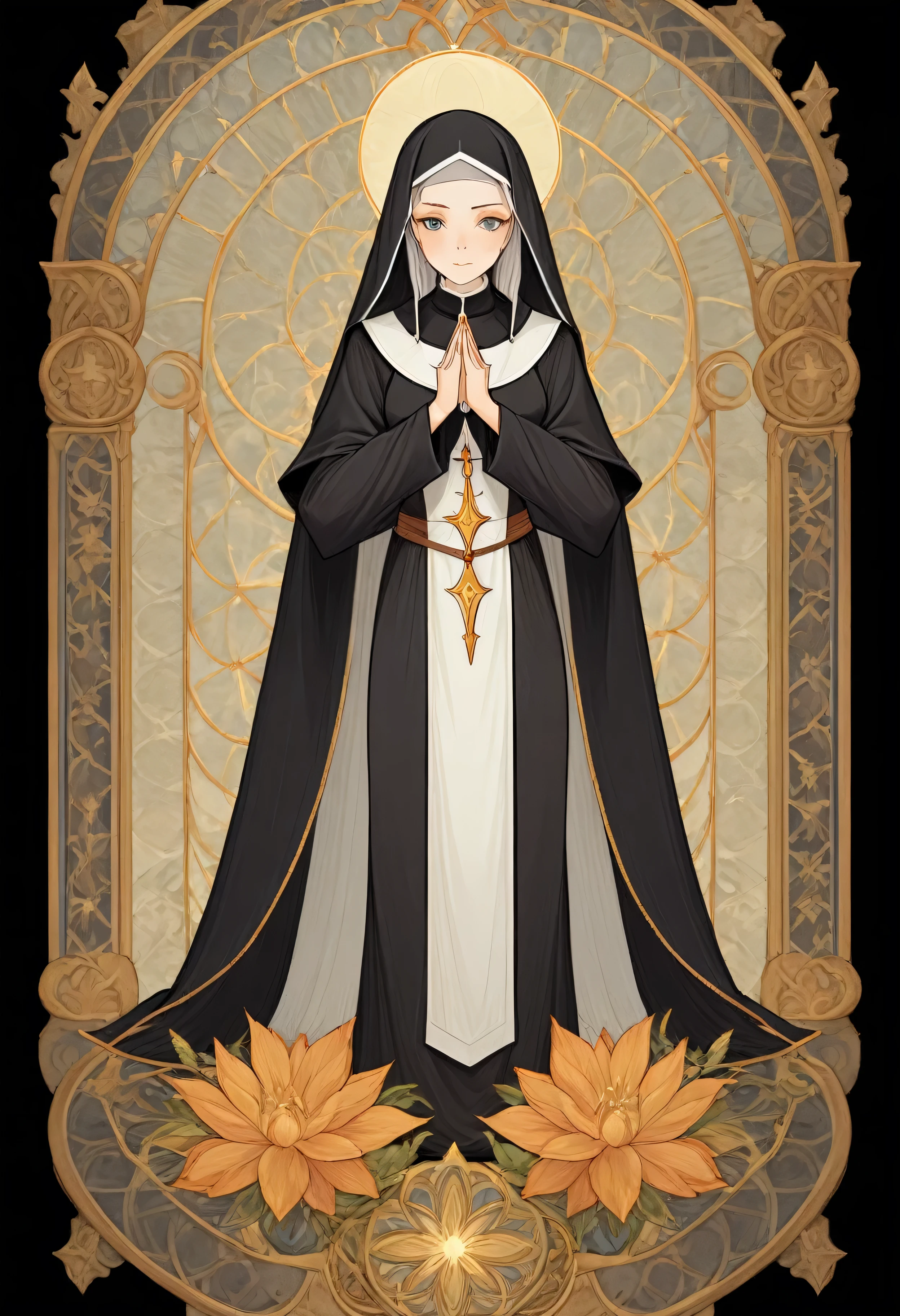 Full body portrait of 1 girl, The nun prays, nuns clothing, standing on your feet, (((solo))), Clear facial features, Simple line design, ((tarot card background, symmetric beauty)), perfectly symmetrical, The art of symmetry, Standing drawings of characters, ((flatcolors)), tmasterpiece,top Quority,best qualtiy,Ultra-high resolution, ((Clear facial features,beautidful eyes,beauitful face, Exquisite facial features))