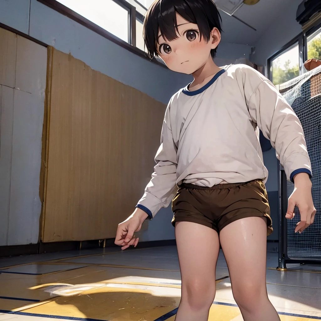 A Chinese boy around ,Normal body type is slightly thinner,He wears a gold long-sleeved shirt,gold shorts,at basketball court,His stomach hurts,covering his stomach,Eventually, even urinary incontinence,Urine soaked the shorts,Run down your legs to the ground。