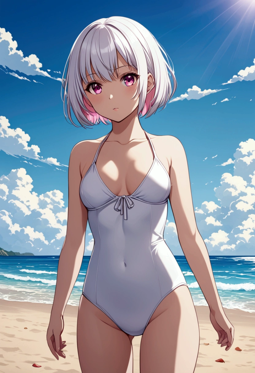 A girl with white short hair , pink eyes, a little big breasts while wearing a swimsuit standing on the beach  