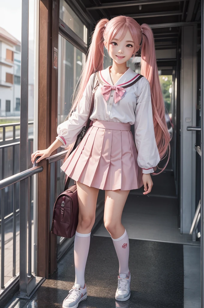 ((best quality, ultra-detailed, high resolution, extremely detailed CG, super detailed, Beautiful lighting)), 1 girl, beautiful girl, cute girl and idol face, young face, smile, Beautiful long pink hair, twintails, Beautiful shining red eyes, white skin, slender, Short body, Japanese High School Girls' Uniforms, Schools, schoolyards, and commuting, school bag, after the rain, shine , rainbow, full body,