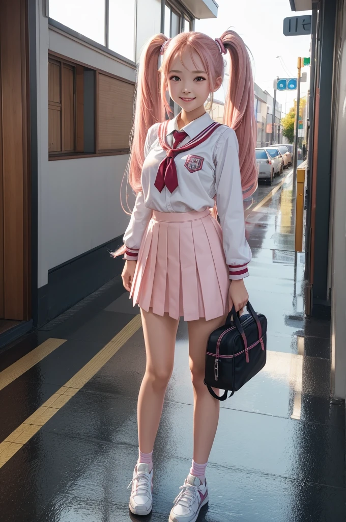 ((best quality, ultra-detailed, high resolution, extremely detailed CG, super detailed, Beautiful lighting)), 1 girl, beautiful girl, cute girl and idol face, young face, smile, Beautiful long pink hair, twintails, Beautiful shining red eyes, white skin, slender, Short body, Japanese High School Girls' Uniforms, Schools, schoolyards, and commuting, school bag, after the rain, shine , rainbow, full body,