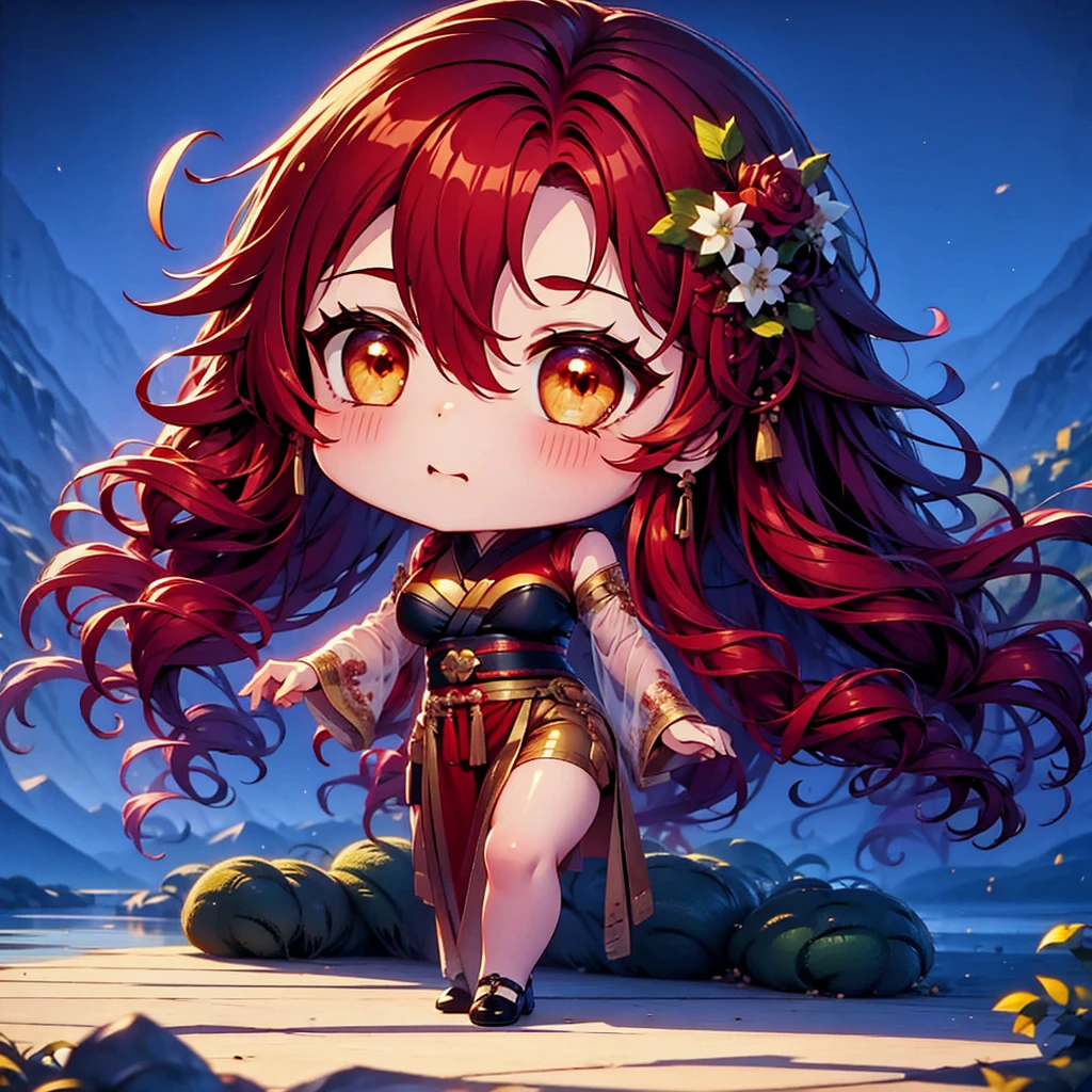 Chibi character pixel art, ((xian mei)), 1 girl, long red hair, standing, Chibi style, shapely breasts, high quality pixel art, Gege Akutami, photography, beautiful, colorful, realistic, masterpieces, top quality, best quality, official art, beautiful and aesthetic, hanfu, perfect anatomy, mini solo chibi