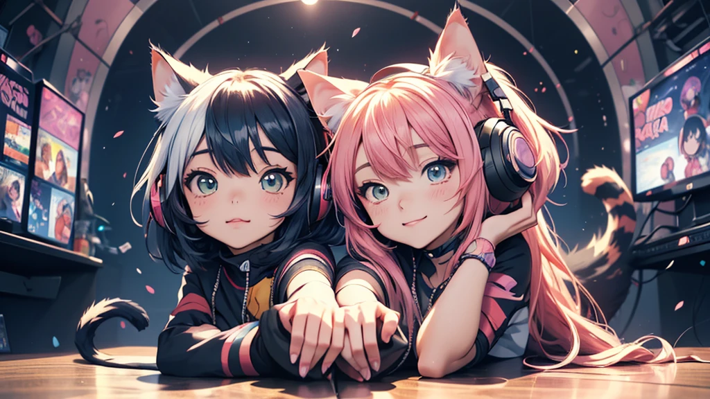Woman wearing headphones, Anime Style 4 k, anime wallpaper 4k, anime wallpaper 4k, 4k anime wallpaper, anime art wallpaper 4k, anime art wallpaper 4k, Anime Style. 8k, Anime atmosphere, , Ultra HD Anime Wallpaper, Anime Art Wallpaper 8K, Anime Background,landscape、Cat、Catがいる