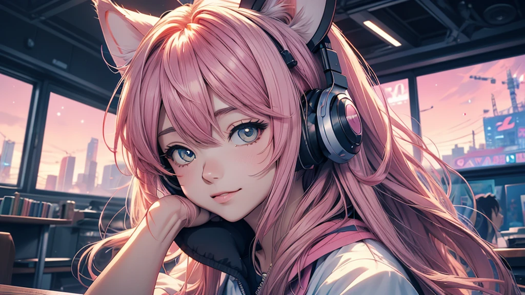 Woman wearing headphones, Anime Style 4 k, anime wallpaper 4k, anime wallpaper 4k, 4k anime wallpaper, anime art wallpaper 4k, anime art wallpaper 4k, Anime Style. 8k, Anime atmosphere, , Ultra HD Anime Wallpaper, Anime Art Wallpaper 8K, Anime Background,landscape、Cat、Catがいる