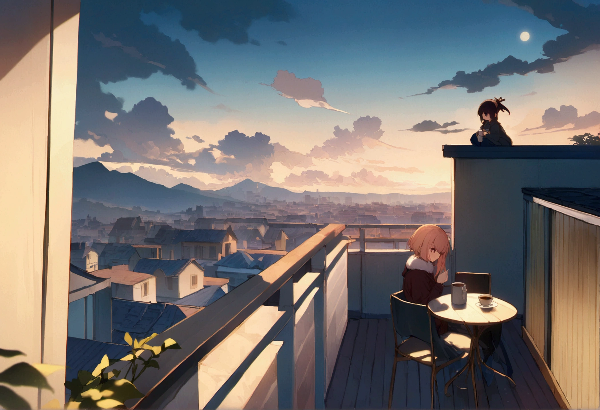 masterpiece,Girl standing on balcony with coffee in hand, cgsociety 9, Chill Hop, Alena Aenami and Artgerm, Makoto Shinkai and Artgelm, Lo-fi girl aesthetic, Anime Scenery, makoto shinkai and (Cain Kuga), Lo-fi aesthetic, Anime scenery, Anime Nature, roof backgrond, Anime Wallpaper,32k