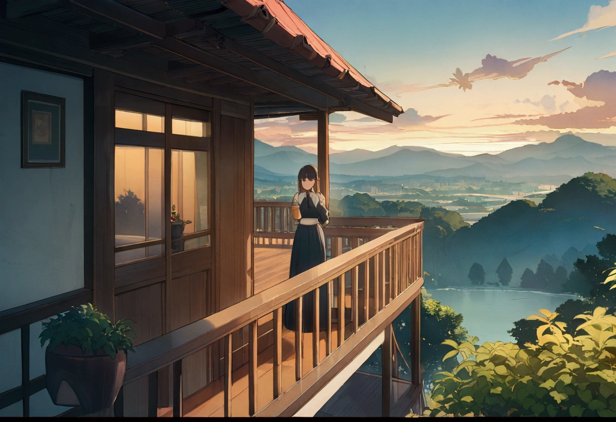 masterpiece,Girl standing on balcony with coffee in hand, cgsociety 9, Chill Hop, Alena Aenami and Artgerm, Makoto Shinkai and Artgelm, Lo-fi girl aesthetic, Anime Scenery, makoto shinkai and (Cain Kuga), Lo-fi aesthetic, Anime scenery, Anime Nature, roof backgrond, Anime Wallpaper,32k