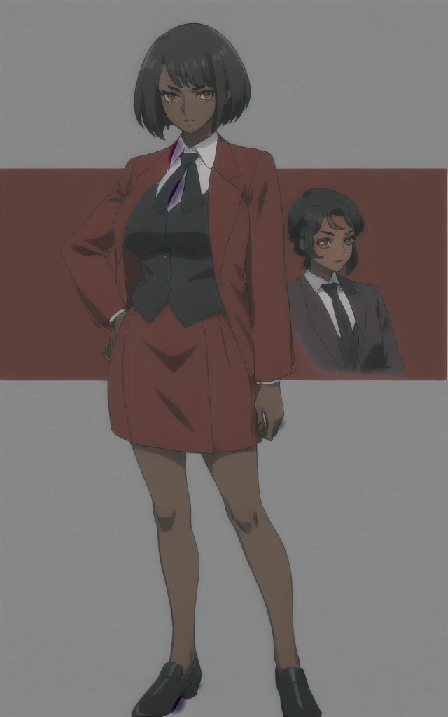 Tall adult Dark skinned business women in a red blazer skirt suit with a blouse underneath with short black hair ceo full body without more then one person