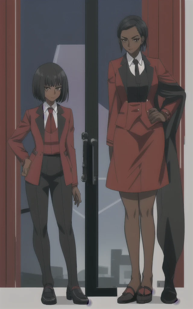 Tall adult Dark skinned business women in a red blazer skirt suit with a blouse underneath with short black hair ceo full body without more then one person