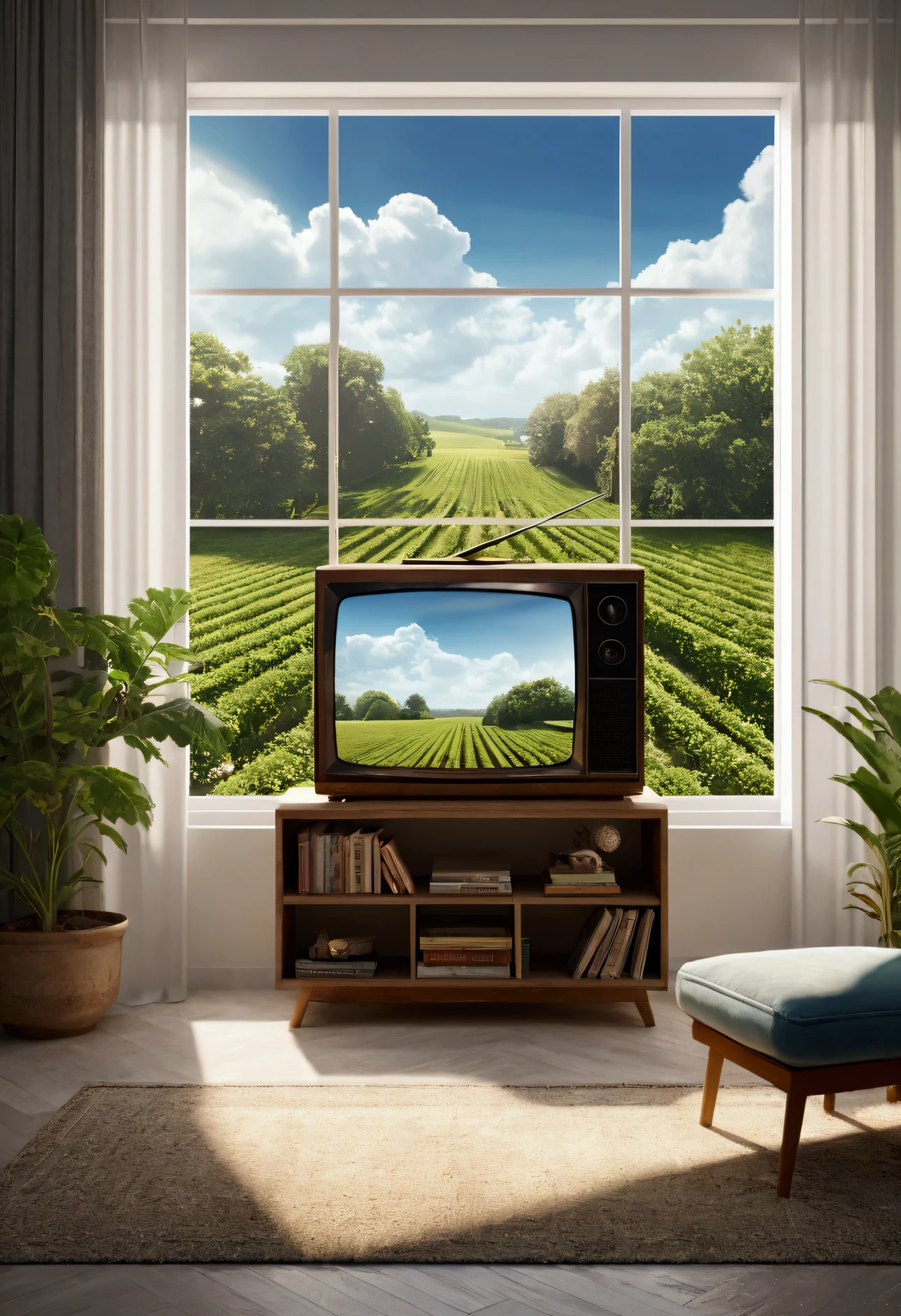 rendu smooth vintage chambre d'adolecent, tv, jeux videos, livres, poster, plantes, a droite grand lit . grande fentre avec vu sur la campagne foert ciel etoilée