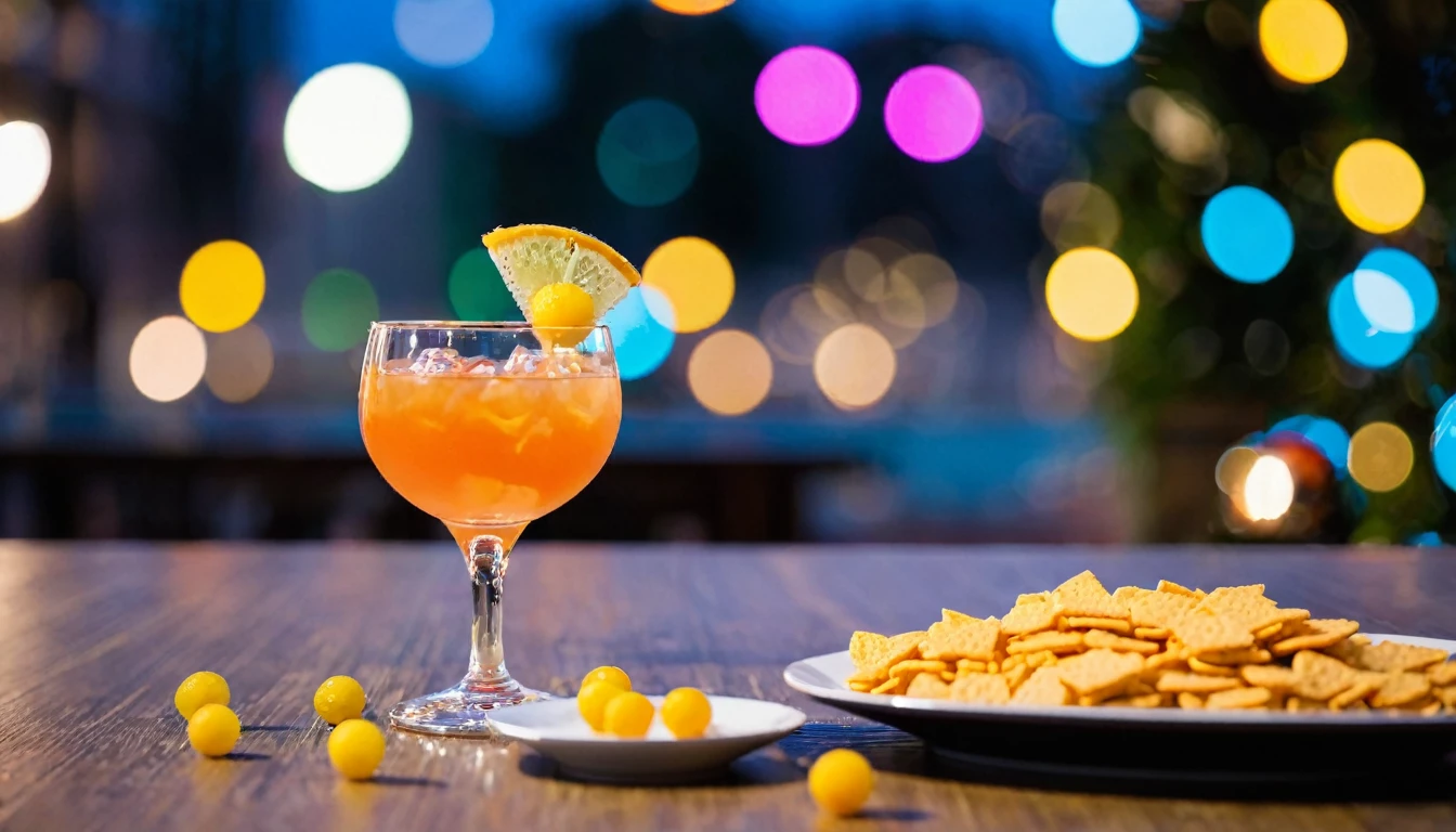 a cocktail and snacks on a table and bokeh shapes in the background
